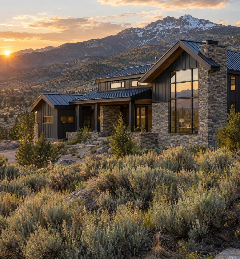 Mountain modern house among sagebrush.