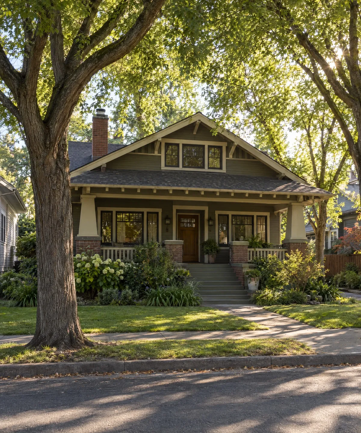 Craftsman bungalow under mature elm trees in Sacramento.