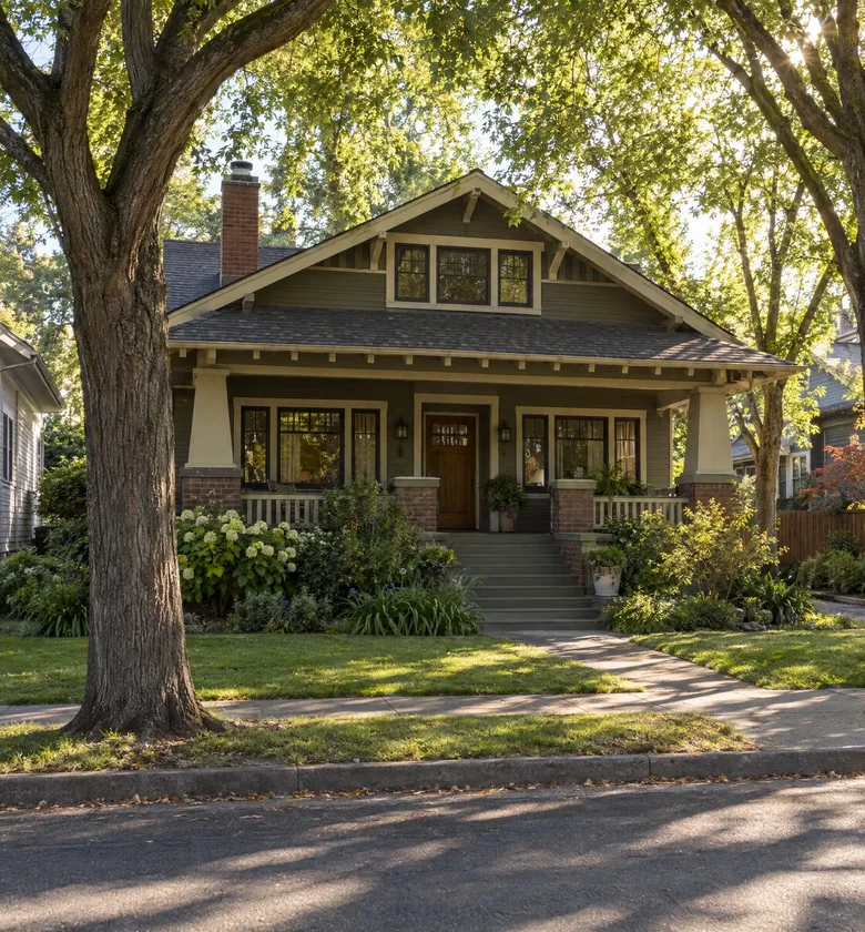 Craftsman bungalow under mature elm trees in Sacramento.