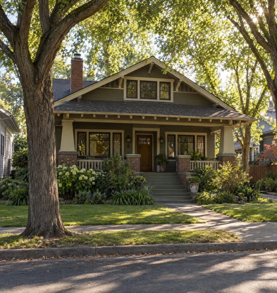 Craftsman bungalow under elm trees