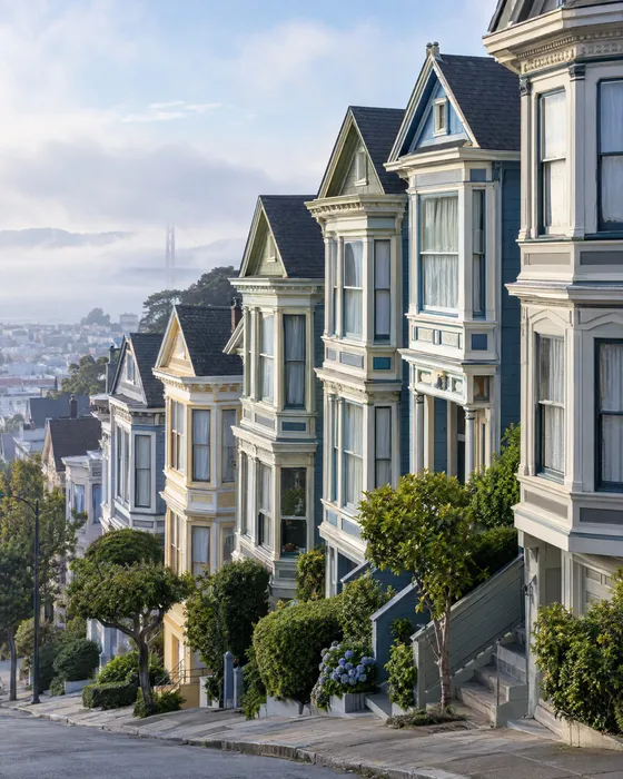 Victorian houses on a San Francisco hill in fog.