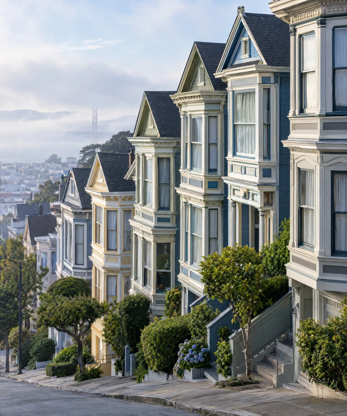Row of Victorian houses on a hill in fog.