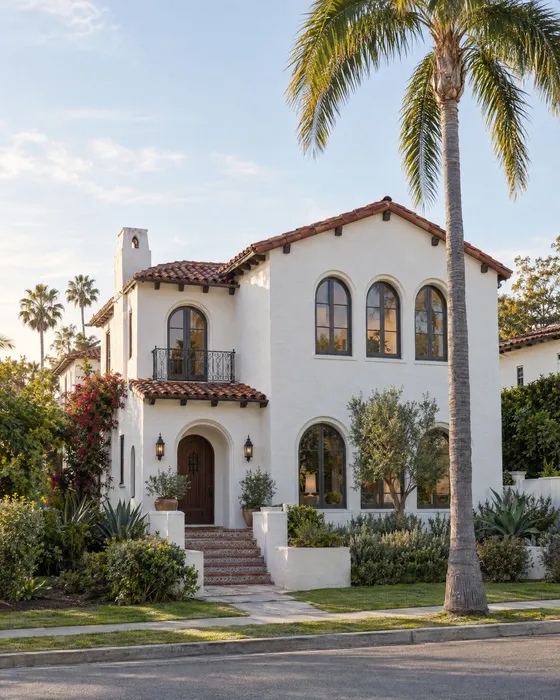 A Spanish revival home with a palm tree in Santa Monica.