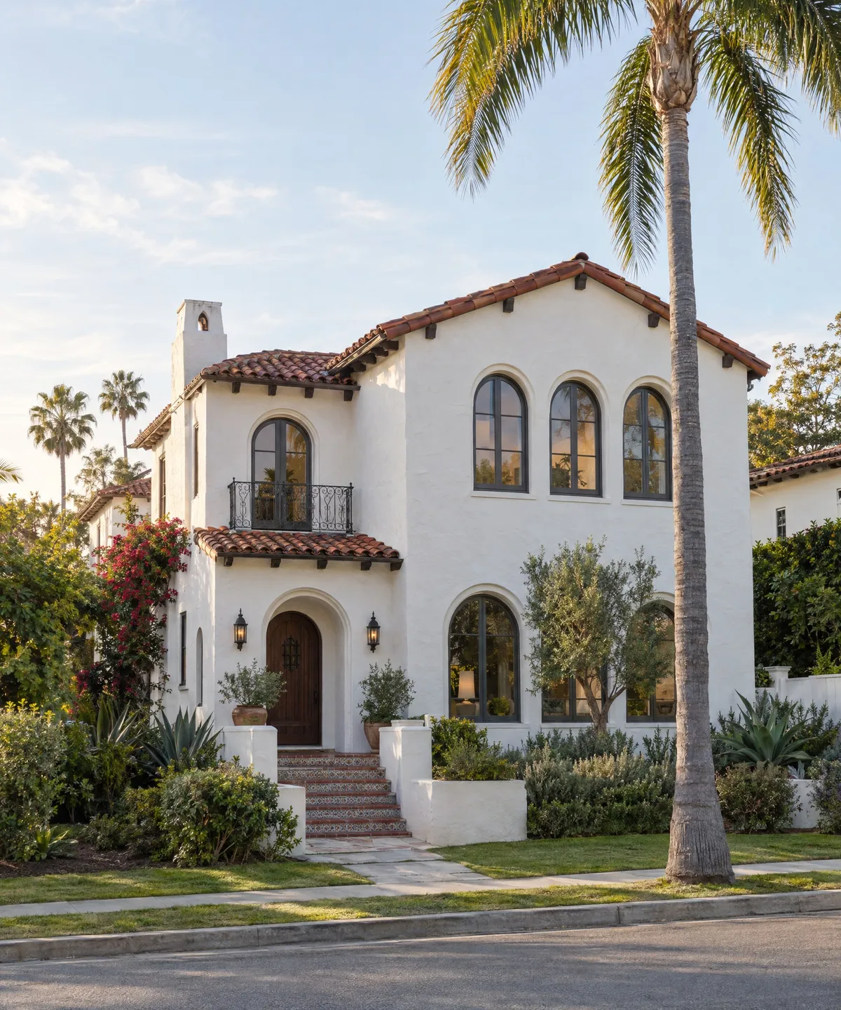Spanish revival house with a tall palm.