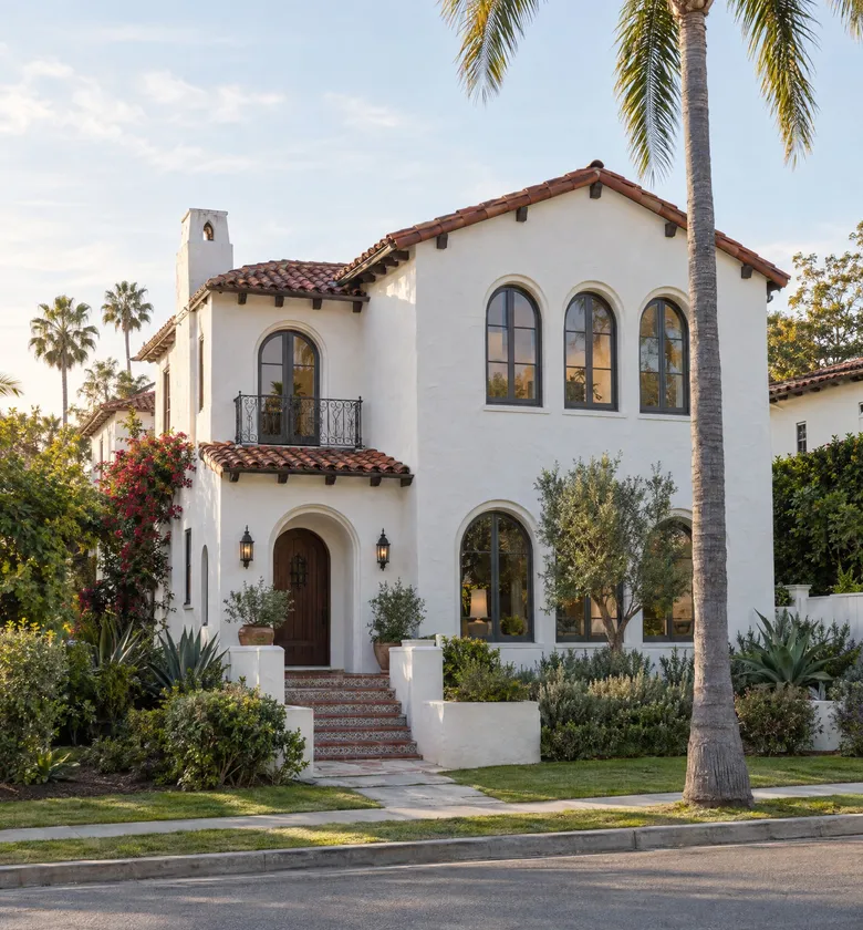 Spanish revival house with a tall palm.