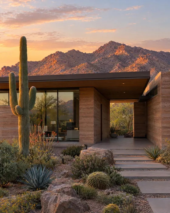 A desert modern home with a saguaro at sunset in Scottsdale.
