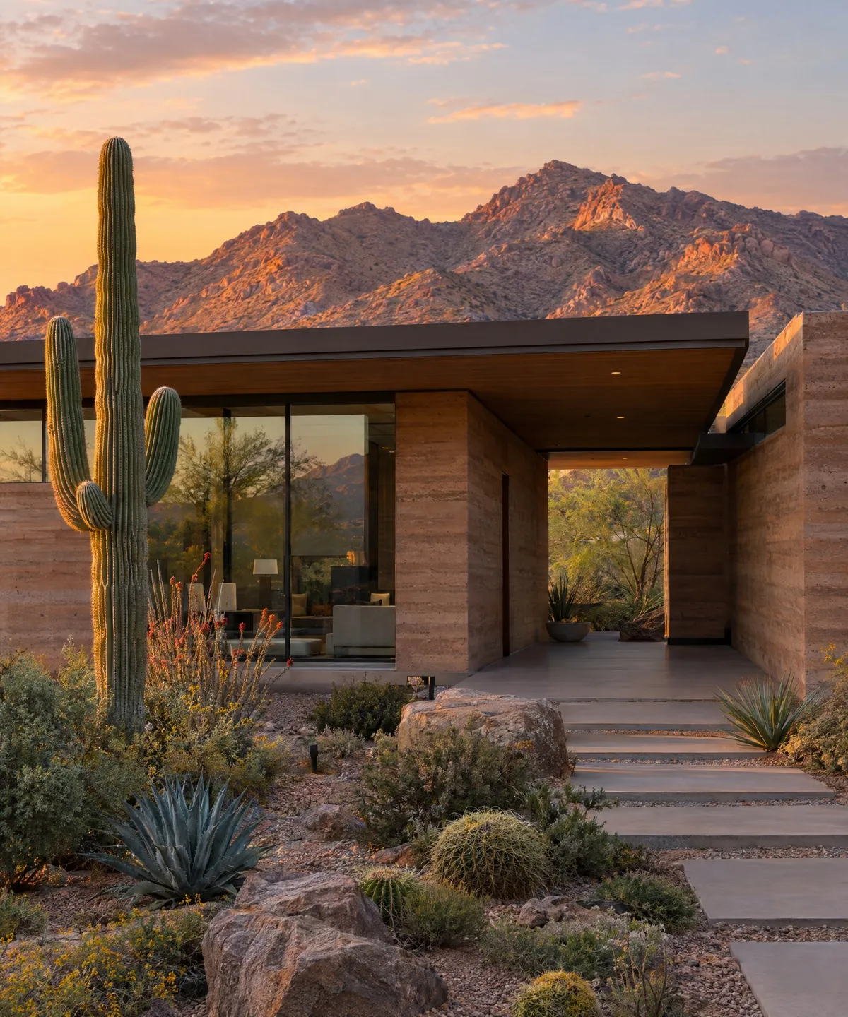 Desert modern house with a saguaro at sunset.