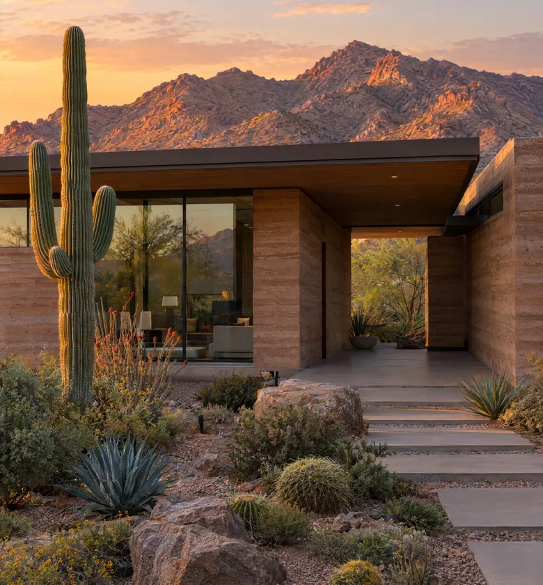 Desert modern house with a saguaro at sunset.