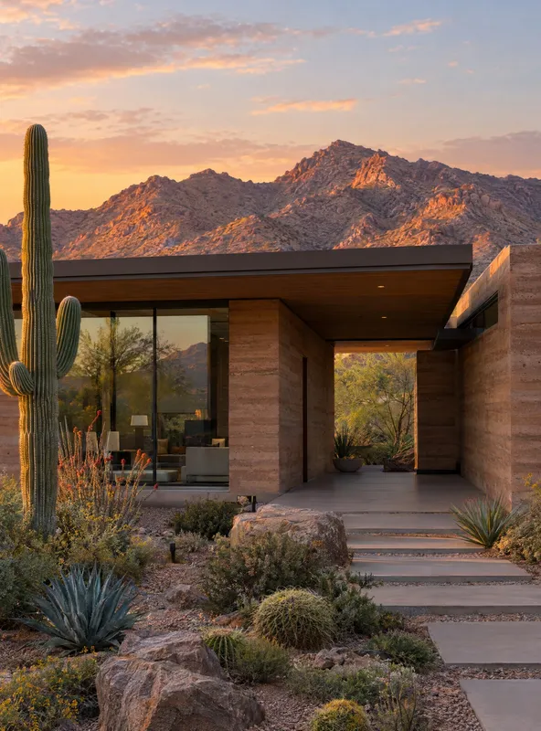 Desert modern home with a saguaro at sunset