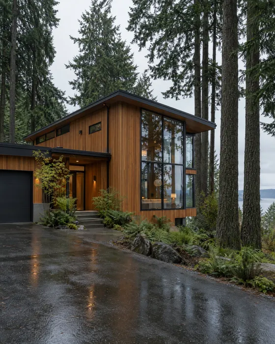 A cedar modern home among firs under an overcast Seattle sky.