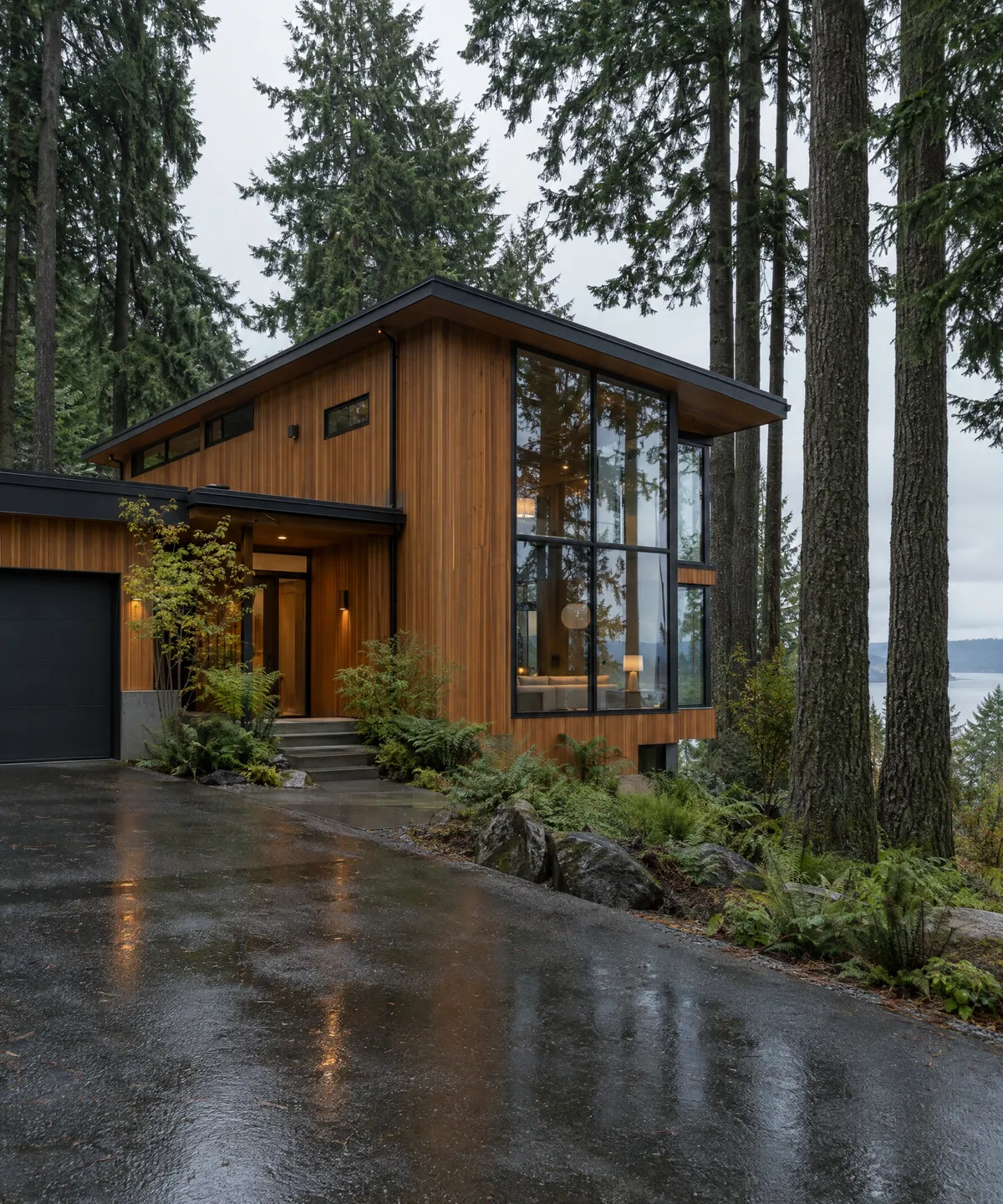 Cedar modern house among fir trees under an overcast sky.