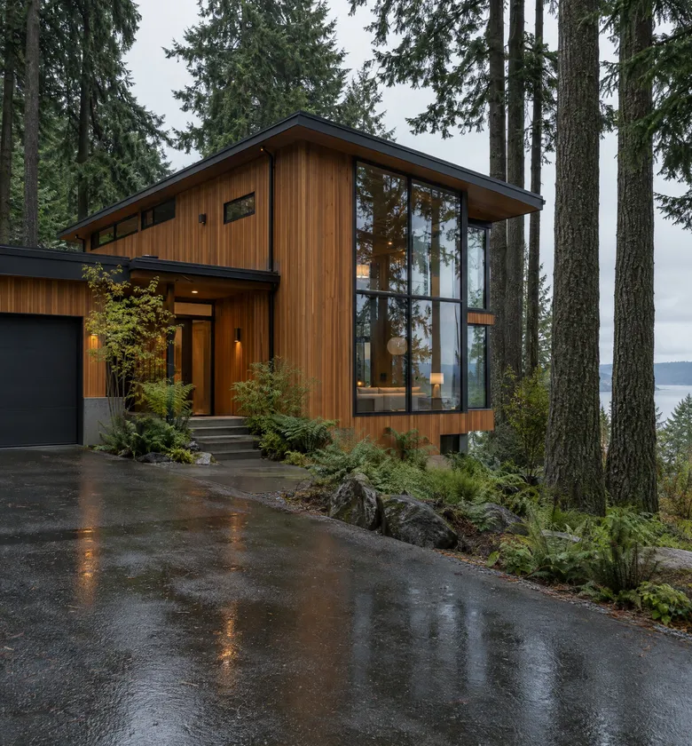 Cedar modern house among fir trees under an overcast sky.
