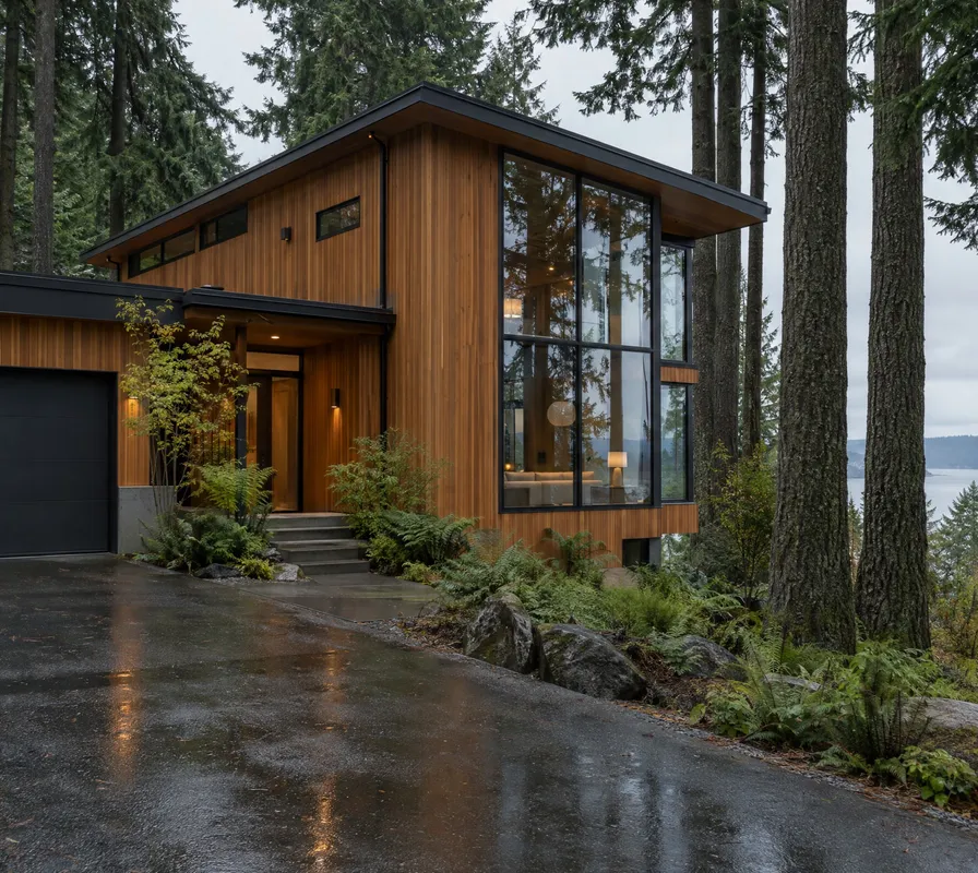 Cedar modern home among fir trees, overcast sky