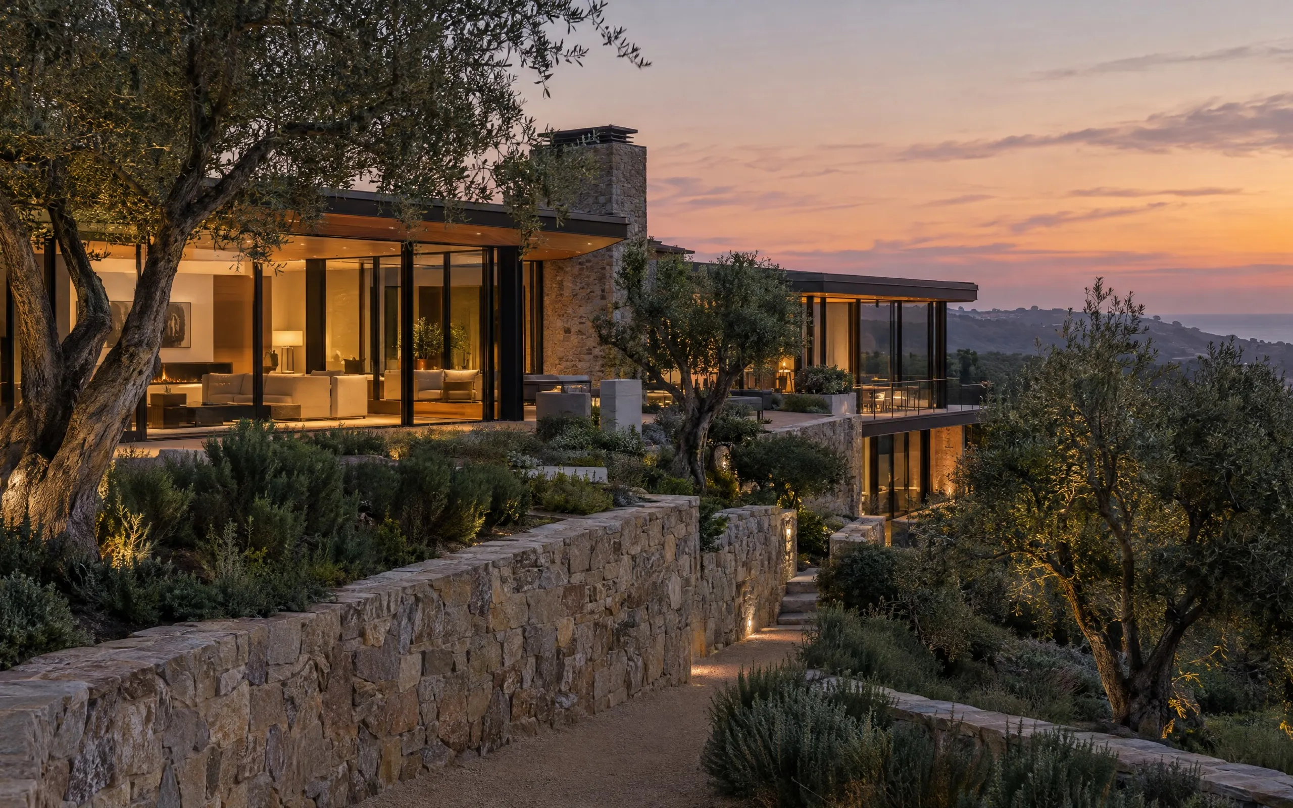 A hillside estate at dusk among olive trees, windows lit.