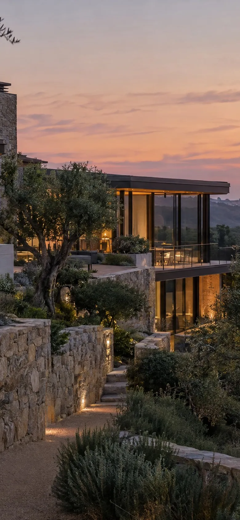 A hillside estate at dusk among olive trees, windows lit.