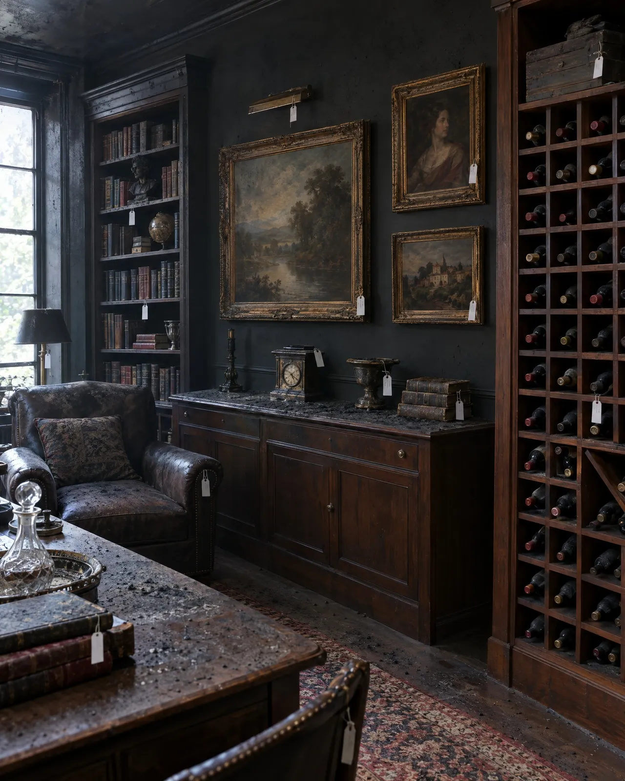 A private library with oil paintings and a wine rack under a film of soot, inventory tags on the pieces.