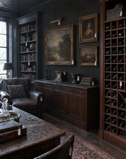 A private library with oil paintings and a wine rack under a film of soot, inventory tags attached.