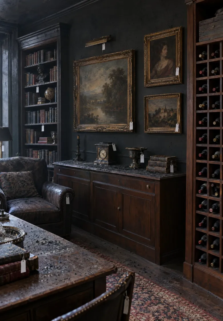 A private library with oil paintings and a wine rack under a film of soot, inventory tags on the pieces.