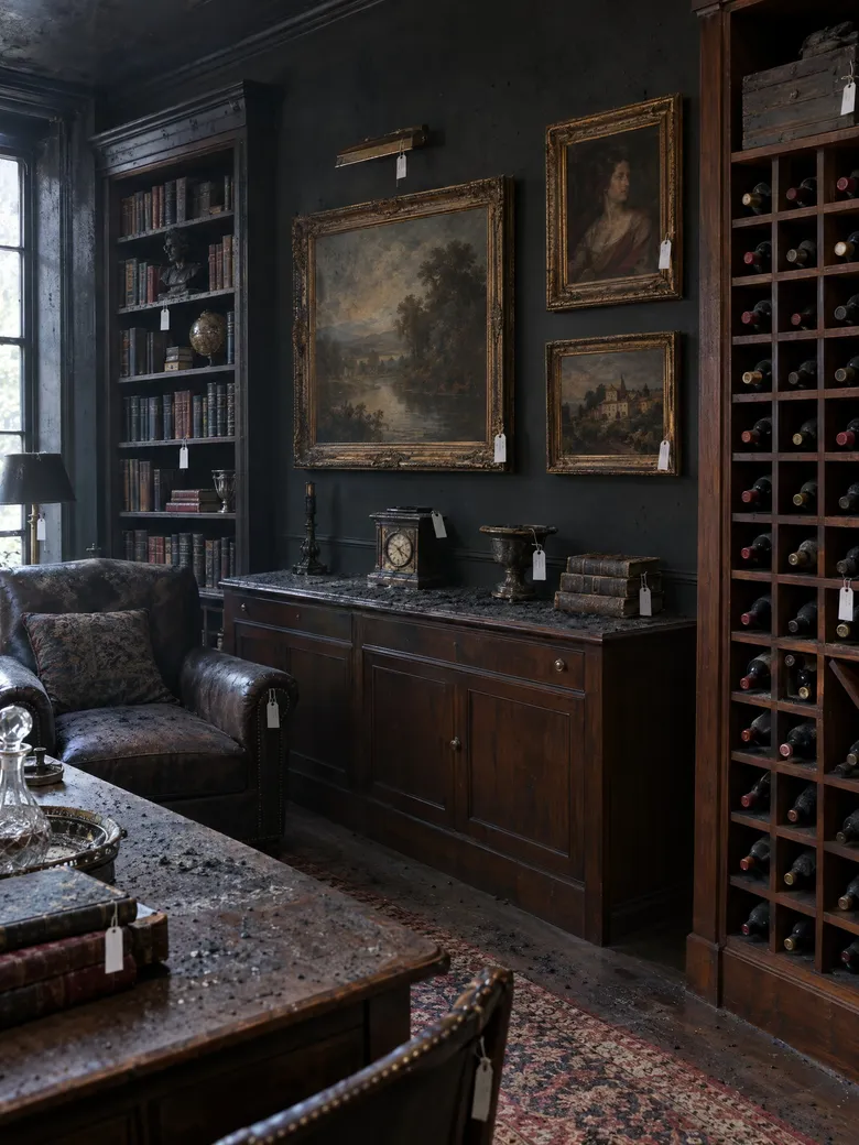 Private library with shelves of books and a wine collection.