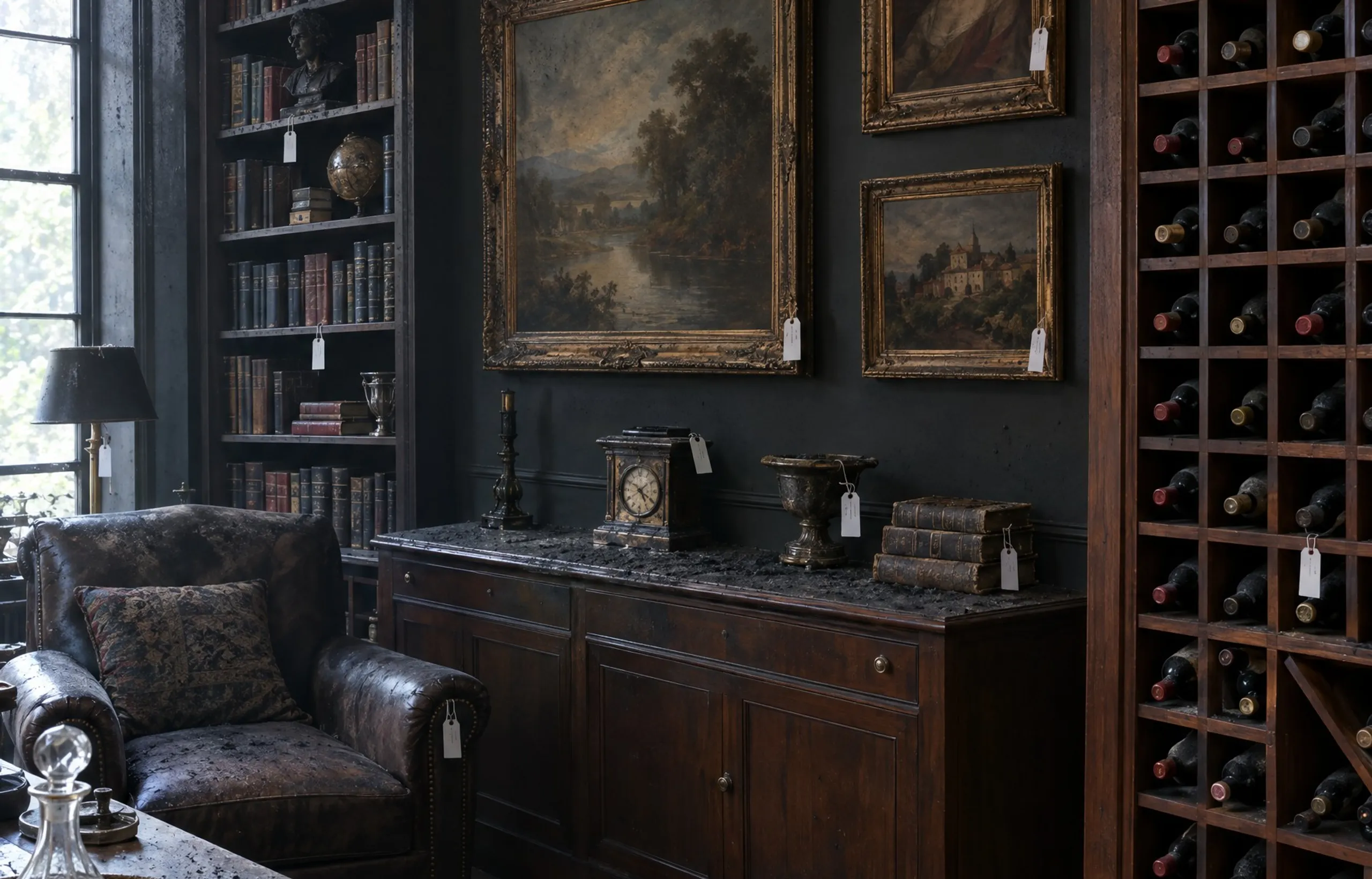 Private library with shelves of books and a wine collection.