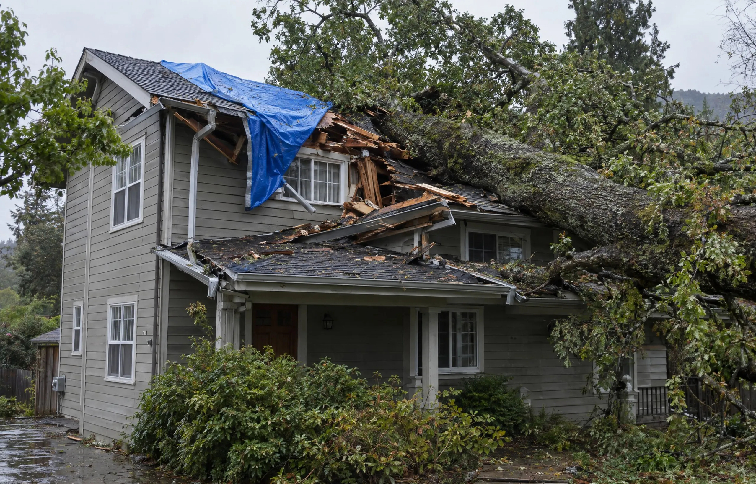 House with a tarp over its roof beneath storm-damaged trees.