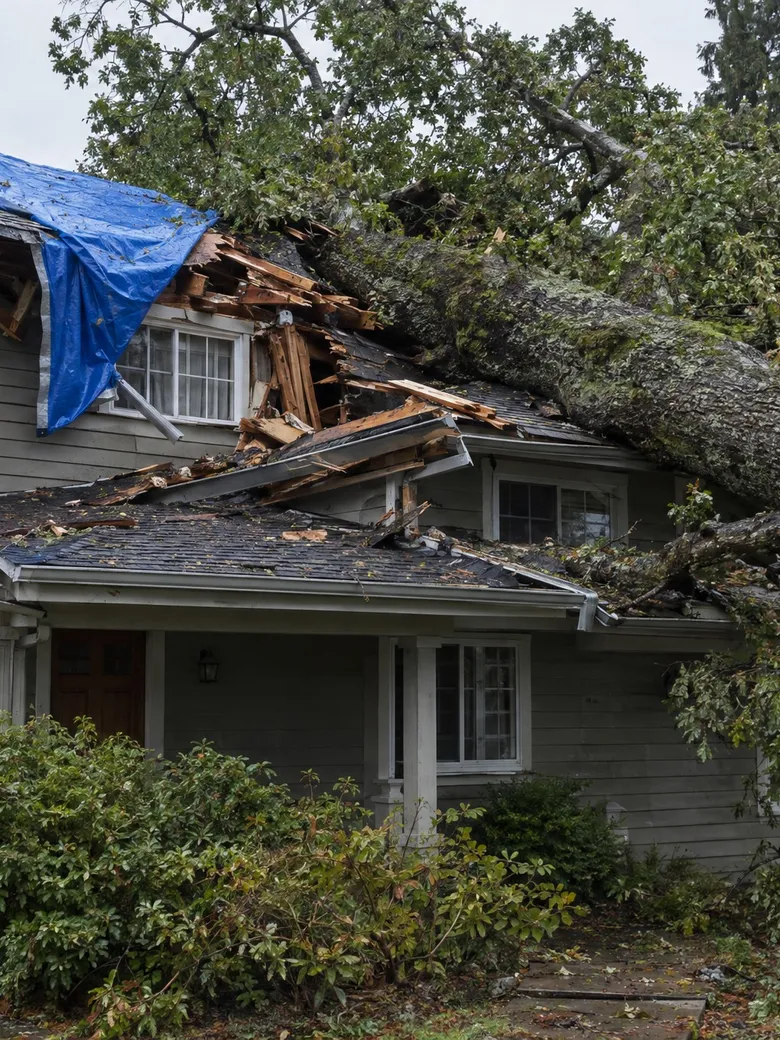 House with a tarp over its roof beneath storm-damaged trees.
