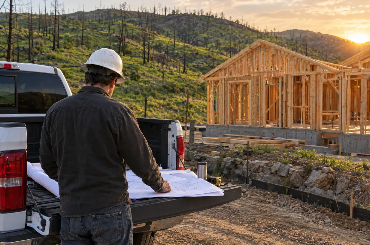 A contractor in a hard hat reviews plans on a truck tailgate beside new framing on a burned hillside.
