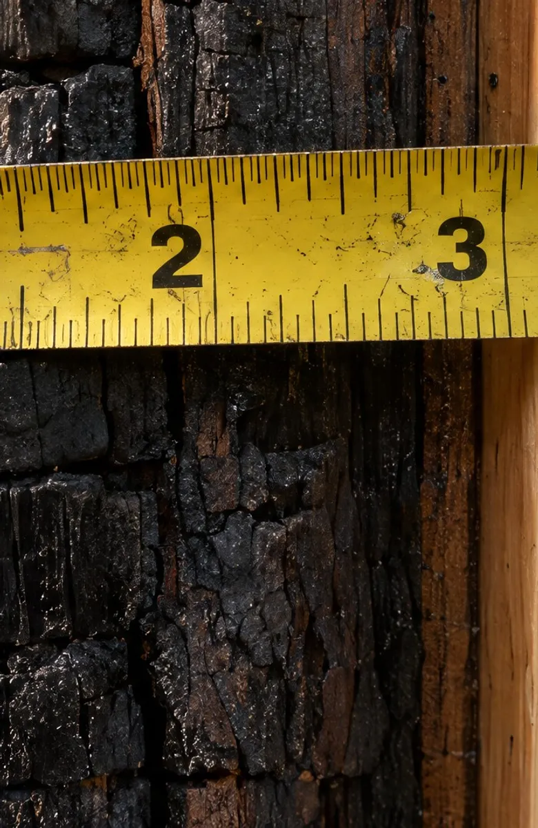 A tape measure held across a charred wall stud beside new lumber.