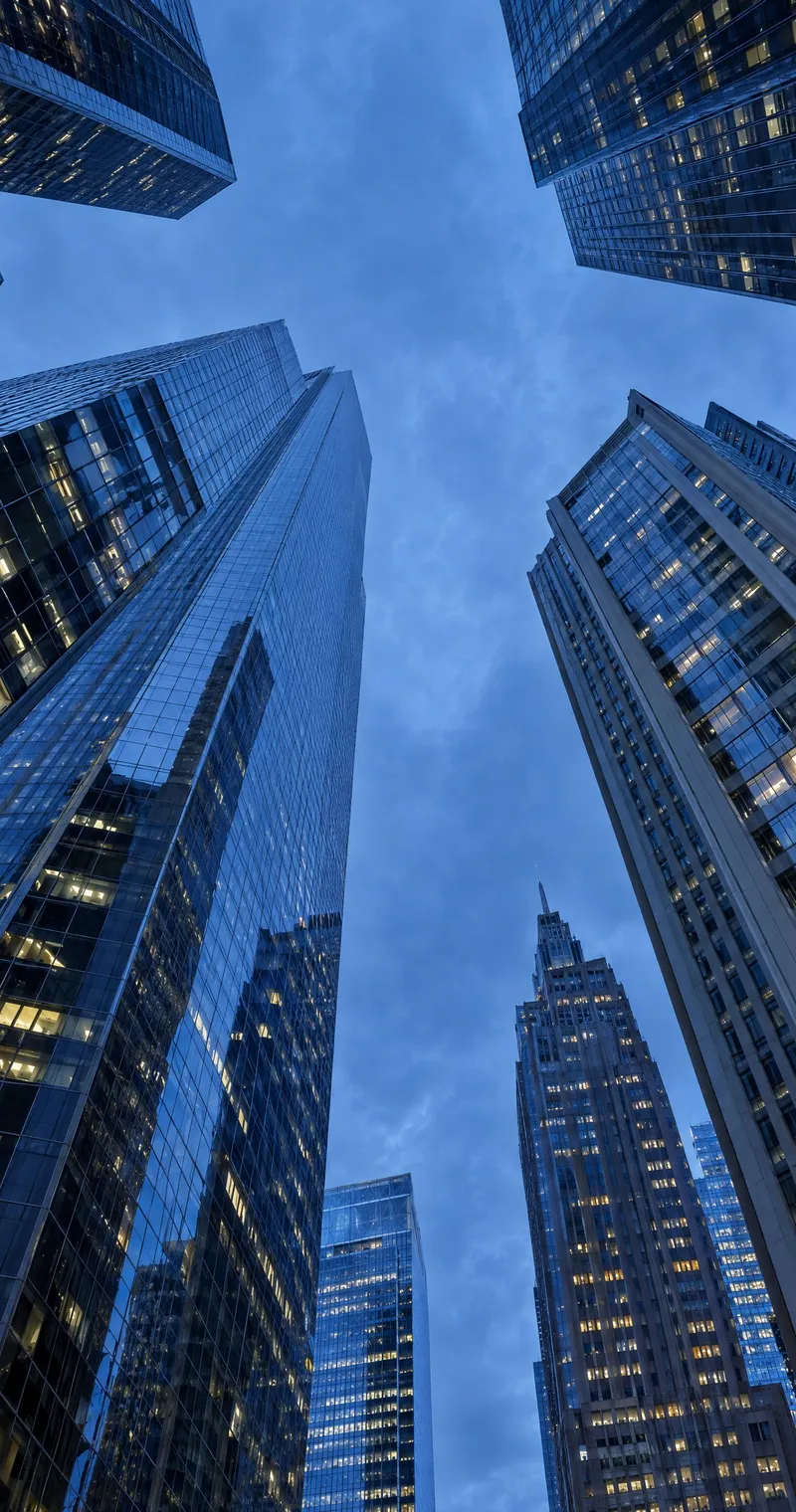Looking straight up at glass office towers at dusk.