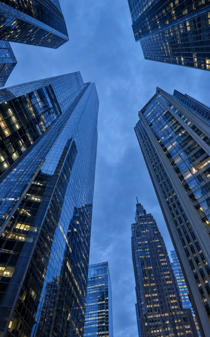 Looking straight up at glass office towers at dusk.