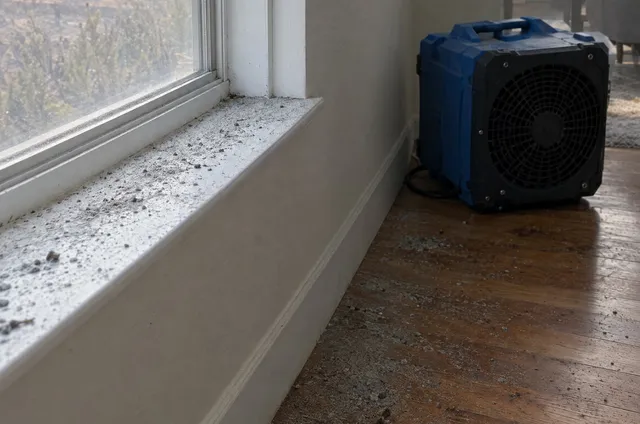 Ash on a window sill inside a standing home, an air mover on the floor.