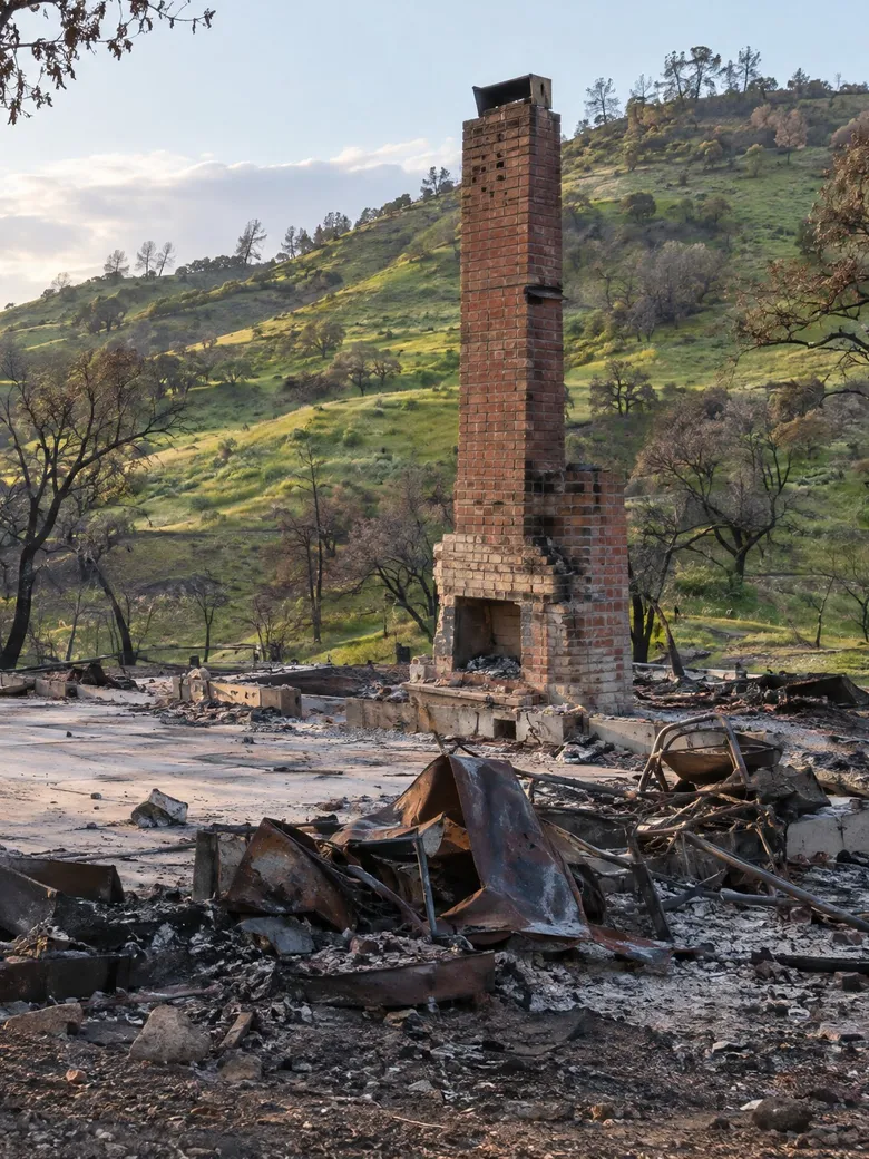 Burned-out home after a wildfire, only the chimney left standing.