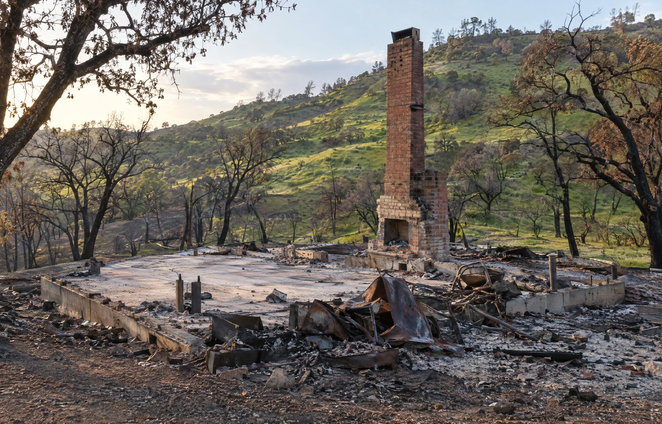 Burned-out home after a wildfire, only the chimney left standing.